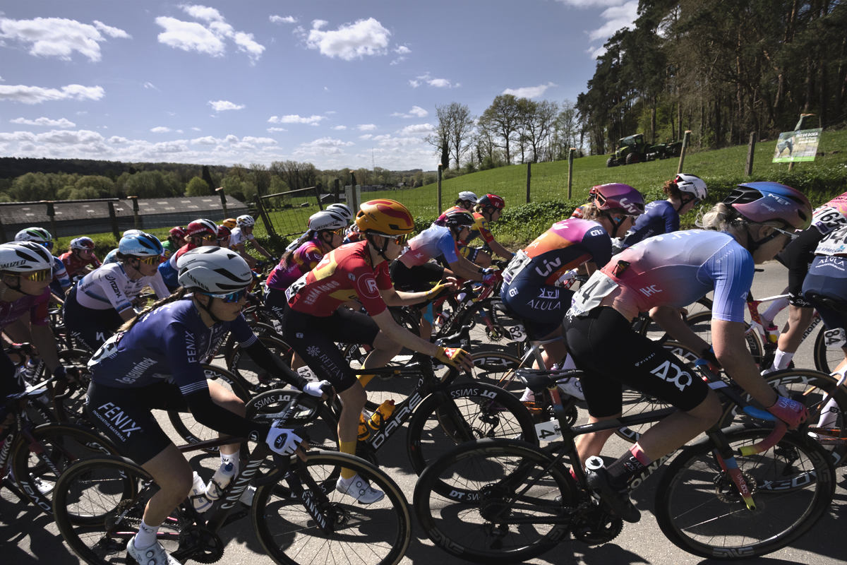 De Brabantse Pijl Vrouwen 2024 - A view of the peloton from the side as it climbs Holstheide