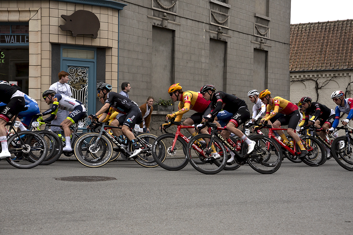 Dwars Door Vlaanderen 2022 - The main group go past a butcher’s shop with an ornate door