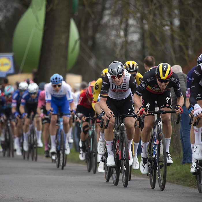 Dwars Door Vlaanderen 2023 -Tim Merlier of Soudal Quick-Step and UAE Team Emirates’ Pascal Ackermann sprint along Drogenbroodstraat