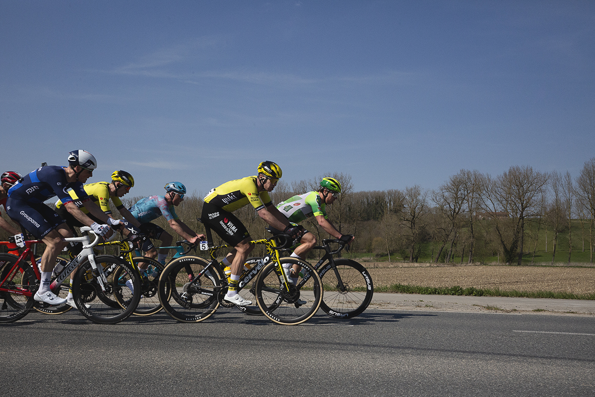 Dwars Door Vlaanderen 2025 - Riders come into view with a wooded hillside behind them