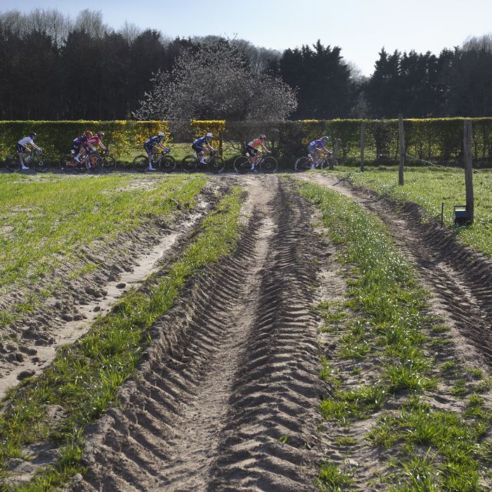 Dwars Door Vlaanderen Vrouwen 2025 - Tractor tracks in a field lead towards the riders passing on a distant road