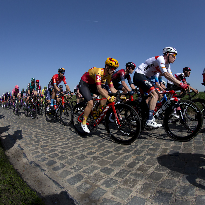 E3 Saxo Bank Classic 2022 - Long shadows are cast by fans at the side of the road as riders traverse the cobbles of Holleweg