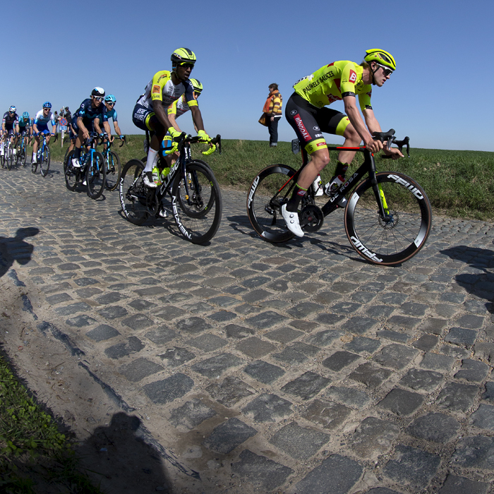 E3 Saxo Bank Classic 2022 - Biniam Girmay of Intermarché - Wanty - Gobert Matériaux and Laurenz Rex of Bingoal Pauwels Sauces WB tackle the cobbles of Holleweg