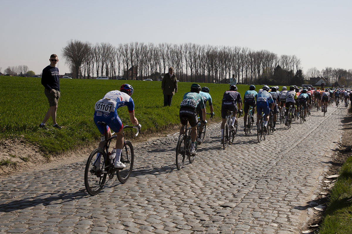 E3 BinckBank Classic 2019 - A fan watches the last riders in the peloton pass by as they ride down the cobbled Holloweg