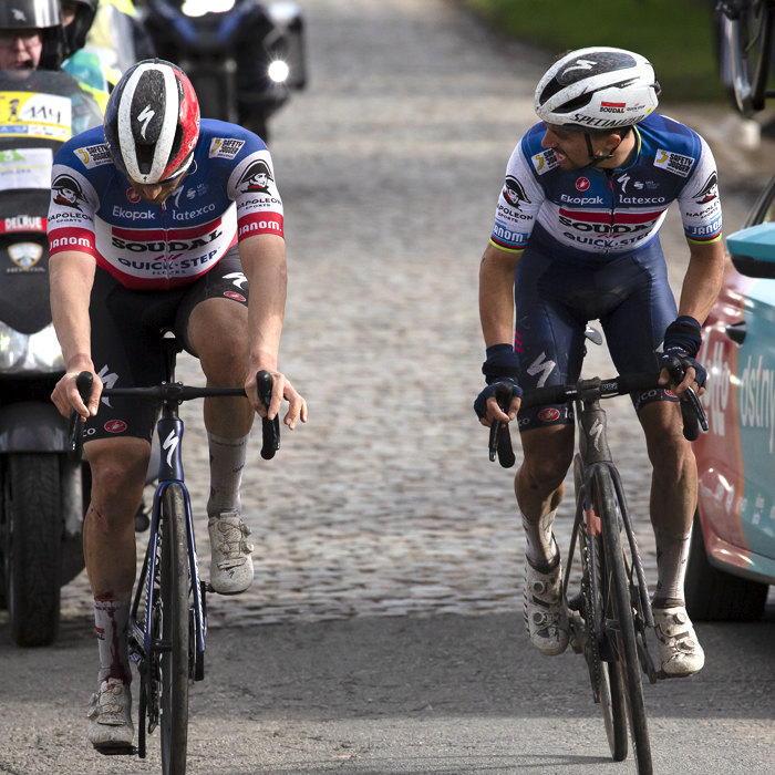 E3 Saxo Classic 2023 - Soudal Quick-Step’s Julian Allaphilipe encourages Florian Senechal who hangs his head on the cobbles of Mariaborrestraat