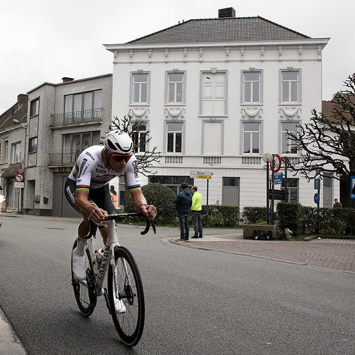 E3 Saxo Classic 2024 - Mathieu van der Poel in Kluisbergen with a grand white building behind him