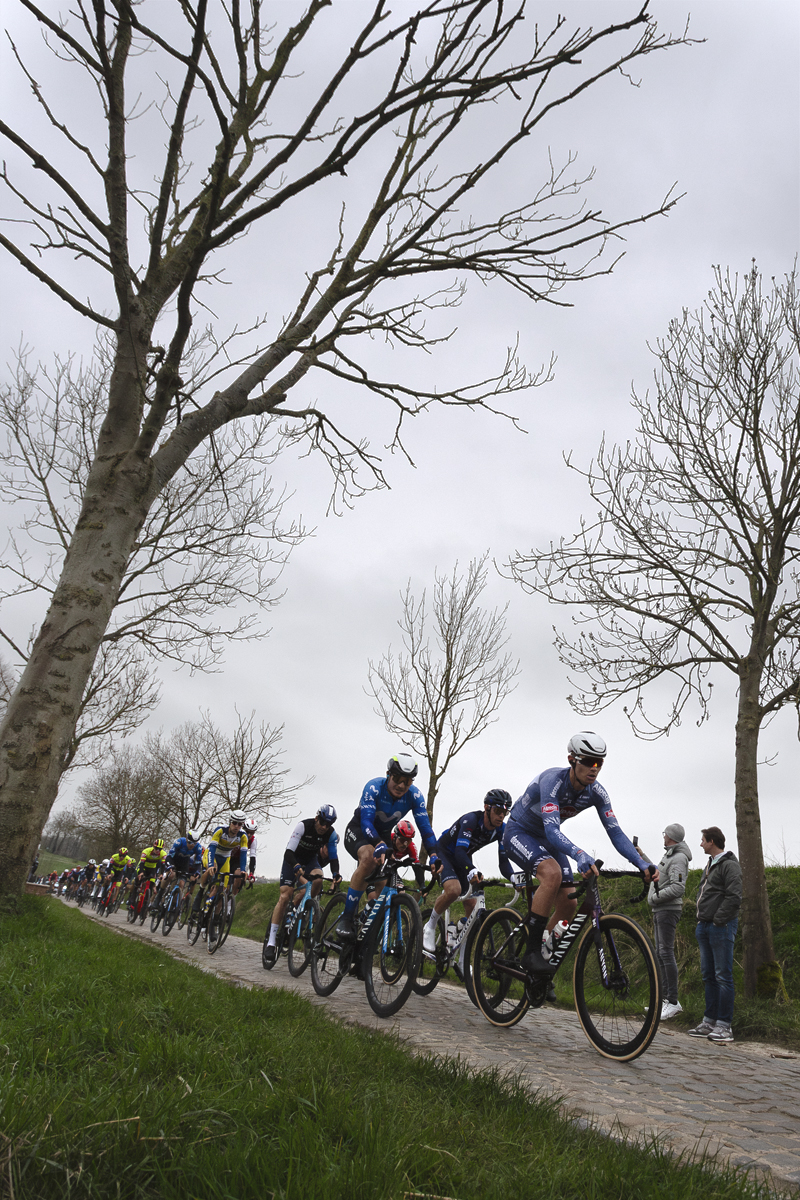 E3 Saxo Classic 2024 -  A strung out line of riders on a tree lined section of Paddestraat are watched by supporters