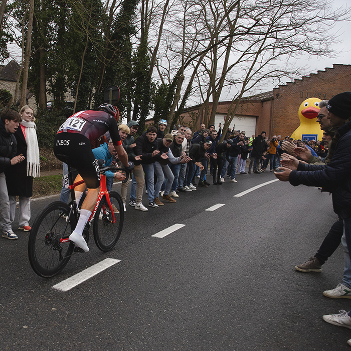 E3 Saxo Classic 2025 - Fillipo Ganna climbs the Tiegemberg overseen by a giant inflatable duck