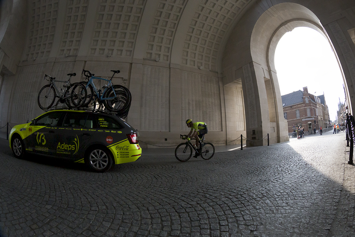 Gent Wevelgem 2019 - Franklin Six passes through the Menin Gate accompanied by his team car