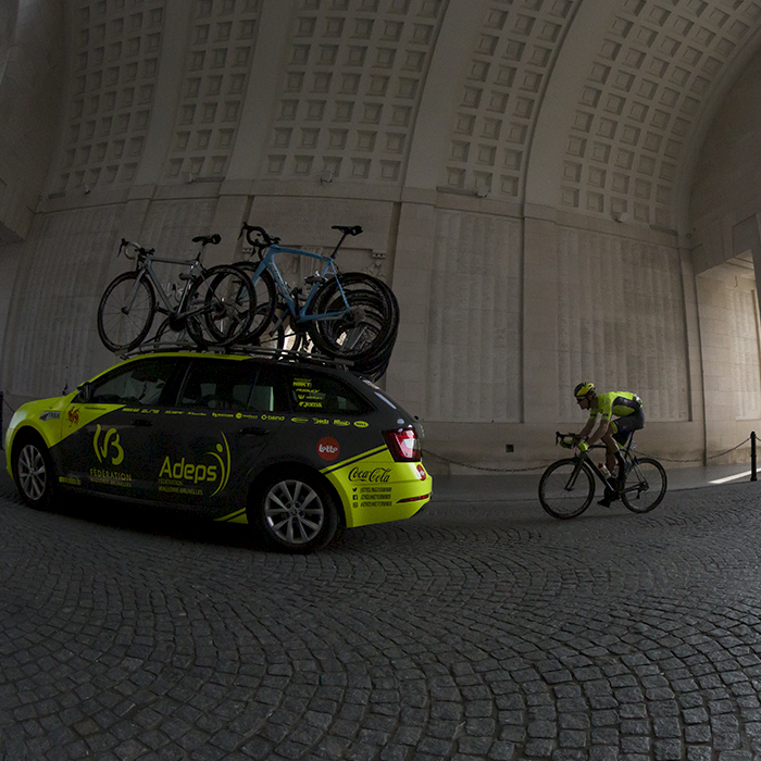 Gent Wevelgem 2019 - Franklin Six passes through the Menin Gate accompanied by his team car