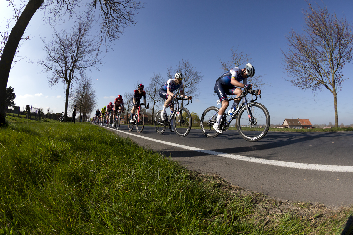 Gent - Wevelgem 2022 - A bunch of riders push on down a long tree lined road