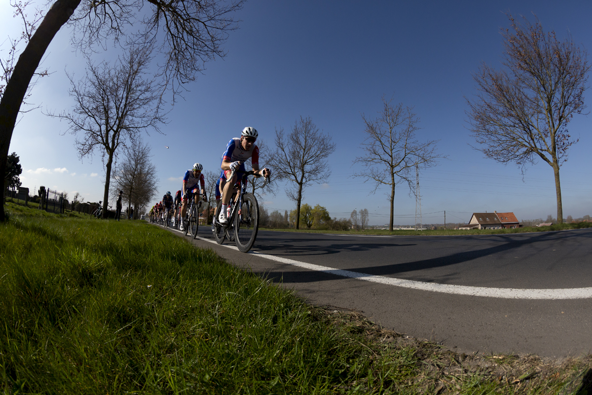 Gent - Wevelgem 2022 - A strung out group of riders move down a tree lined road