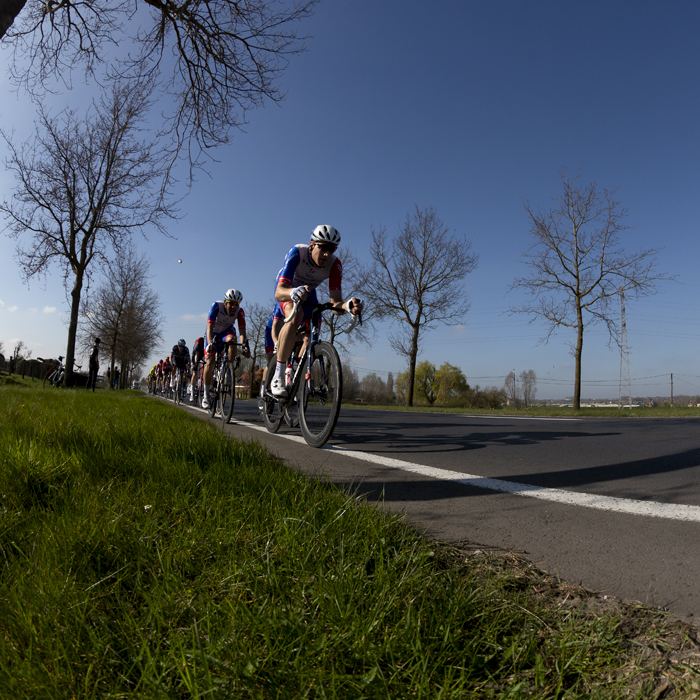 Gent - Wevelgem 2022 - A strung out group of riders move down a tree lined road