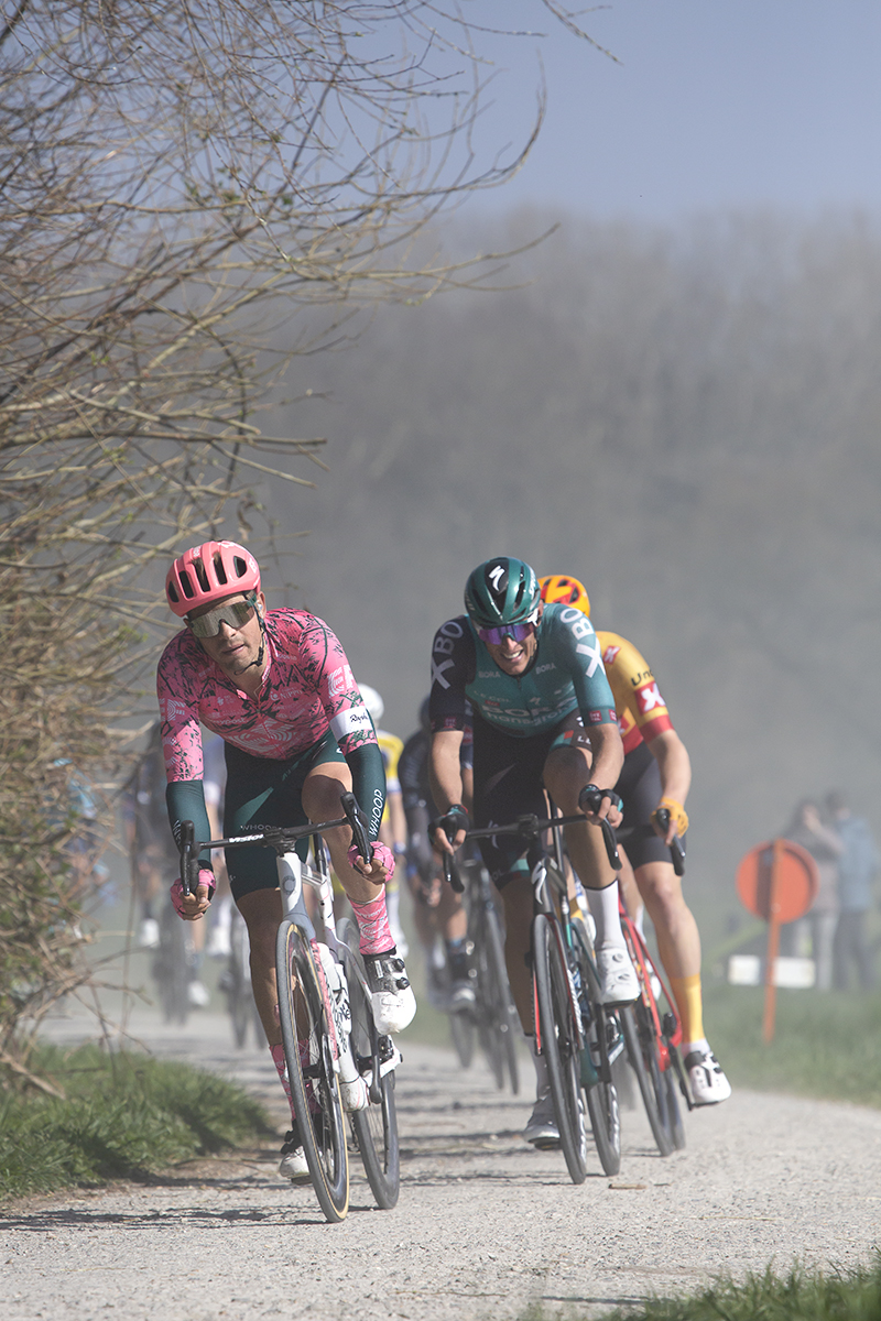 Gent - Wevelgem 2022 - EF Education-EasyPost’s Stefan Bissegger and Nils Politt of BORA-hansgrohe race on the Ploegsteert