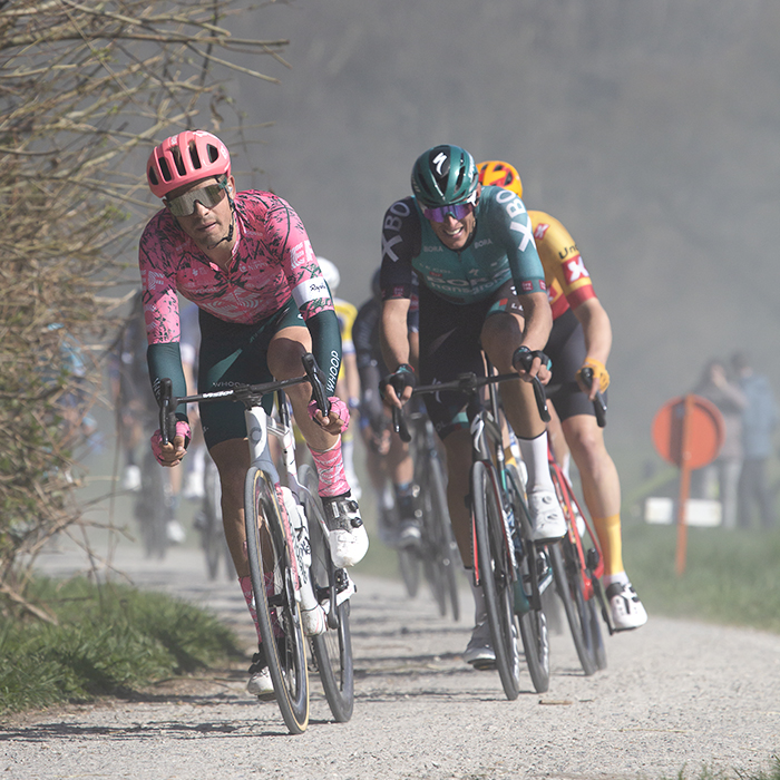 Gent - Wevelgem 2022 - EF Education-EasyPost’s Stefan Bissegger and Nils Politt of BORA-hansgrohe race on the Ploegsteert