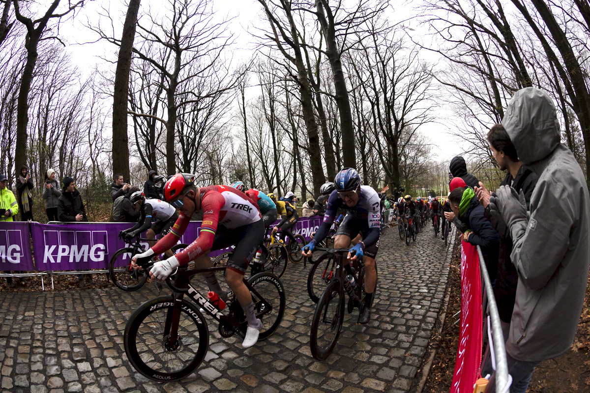 Gent - Wevelgem 2023 - Trek - Segafredo’s Mads Pedersen leads a group of riders up the Kemmelberg