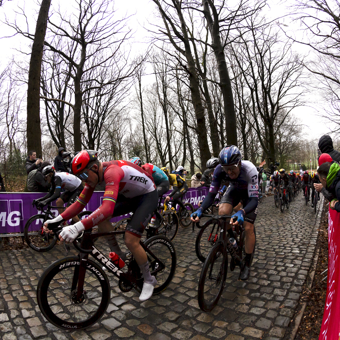 Gent - Wevelgem 2023 - Trek - Segafredo’s Mads Pedersen leads a group of riders up the Kemmelberg