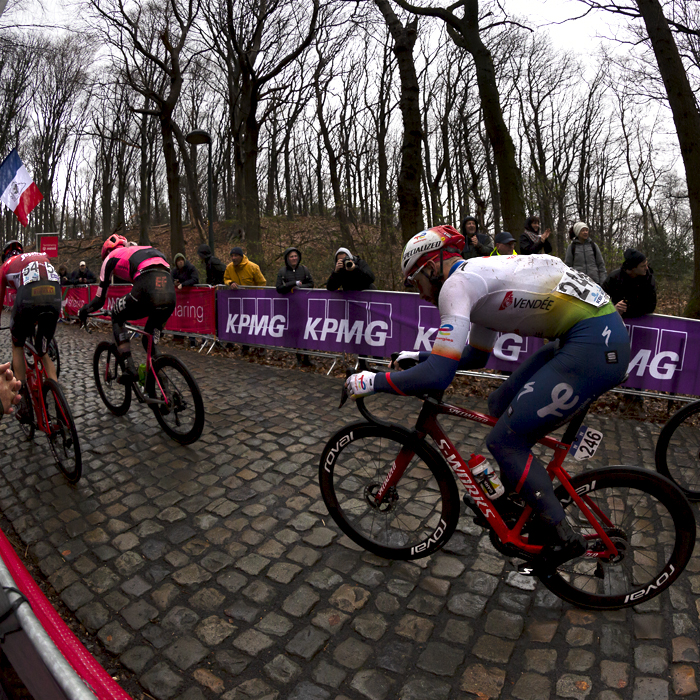 Gent - Wevelgem 2023 - Anthony Turgis of TotalEnergies climbs the Kemmelberg from the Ossuaire side of the hill