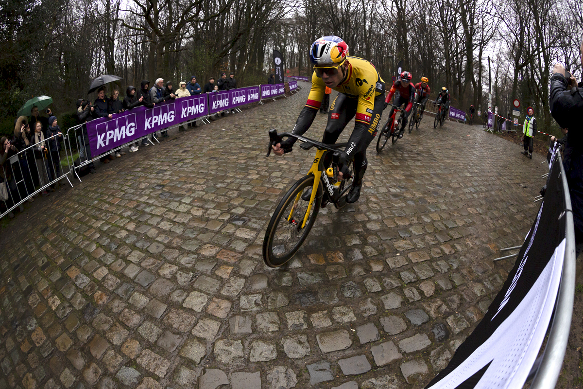 Gent - Wevelgem 2023 -Wout van Aert of Jumbo Visma descends Kemmelberg Ossuaire