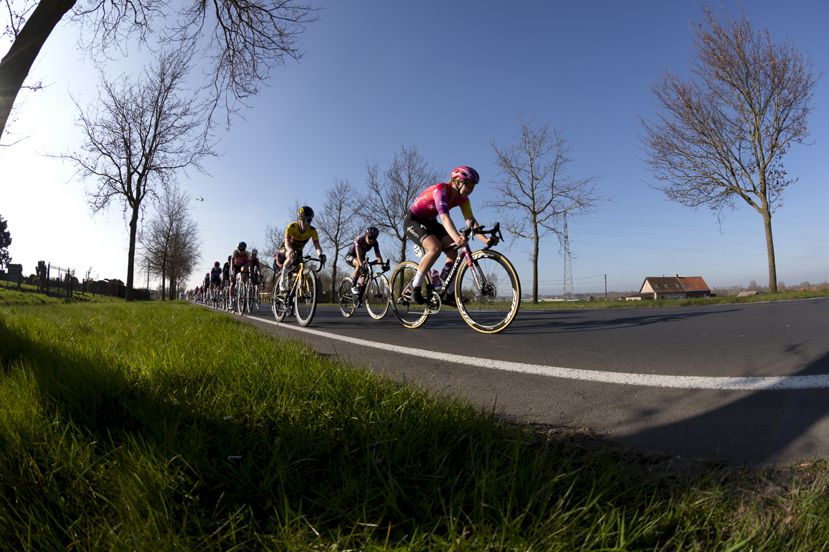 Gent - Wevelgem Vrouwen 2022 - The riders push towards the conclusion of the race past trees that are not yet in bud