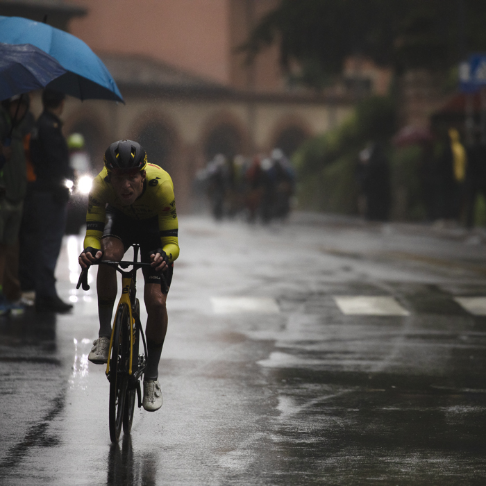 Giro dell’Emilia 2024 - Johannnes Staune Mittet of Team Visma - Lease a Bike is chased down by a larger group