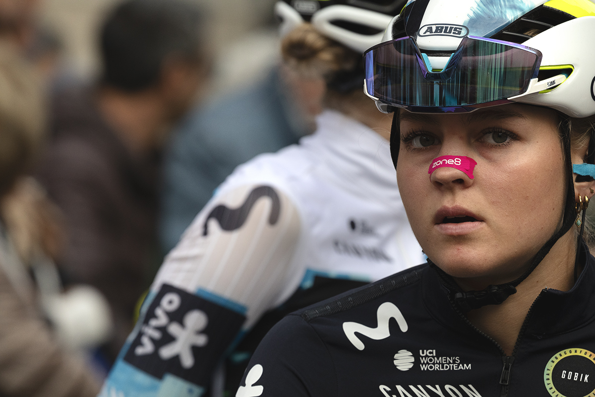 Giro dell'Emilia Internazionale Donne Elite 2025 - Cat Ferguson of Movistar Team with a bright pink nasal breathing strip on her nose