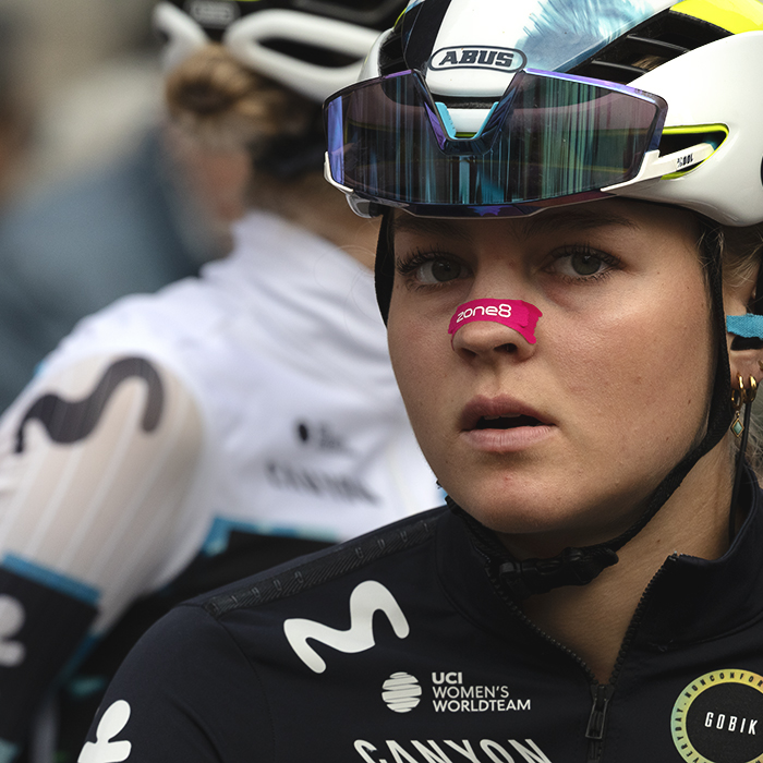 Giro dell'Emilia Internazionale Donne Elite 2025 - Cat Ferguson of Movistar Team with a bright pink nasal breathing strip on her nose
