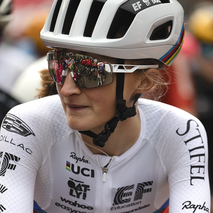 Giro dell'Emilia Internazionale Donne Elite 2025 - Magdeleine Vallieres wearing the World Champion’s jersey with her team mates reflected in her sunglasses