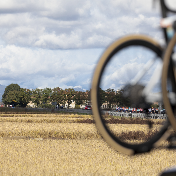 Gran Piemonte 2024 - The rice fields of Cascina Solarolo seen through a bike wheel on a team car with the race in view