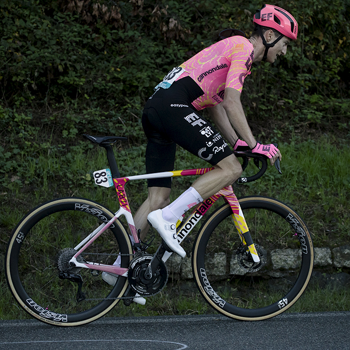 Gran Piemonte 2024 - The effort shows on Neilson Powless’ face as he climbs at Maggiora