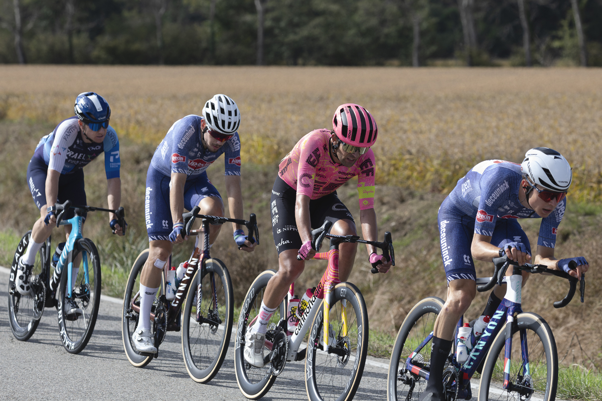 Gran Piemonte 2024 - Riders race through the rice field lined roads near Proh