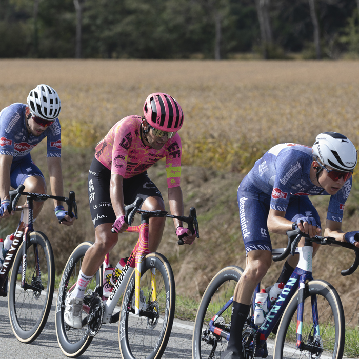 Gran Piemonte 2024 - Riders race through the rice field lined roads near Proh