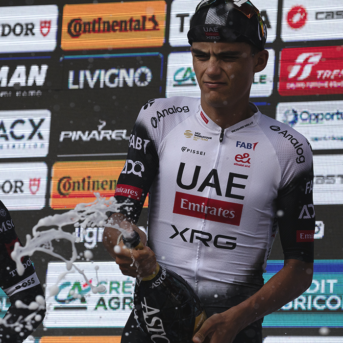 Gran Piemonte 2025 - Isaac del Toro of UAE Team Emirates - XRG sprays the celebratory Asti on the podium