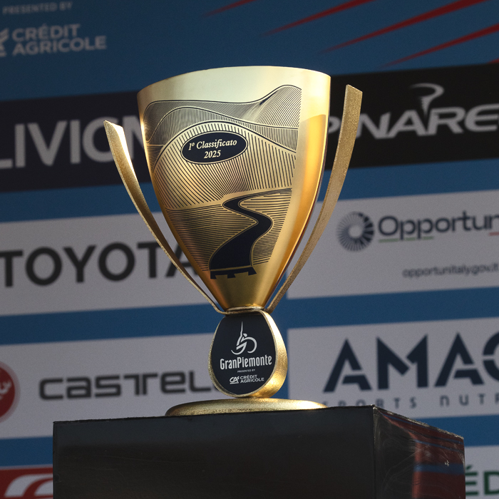 Gran Piemonte 2025 - The trophy for Gran Piemonte is displayed on the podium before the race
