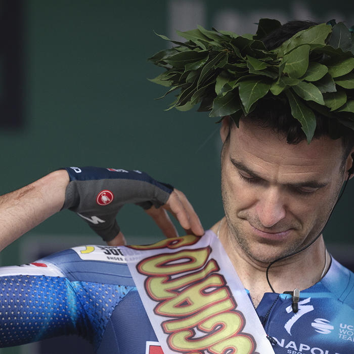 Il Lombardia 2025 - Pieter Serry in a sash and laurel crown to mark the end of his racing career