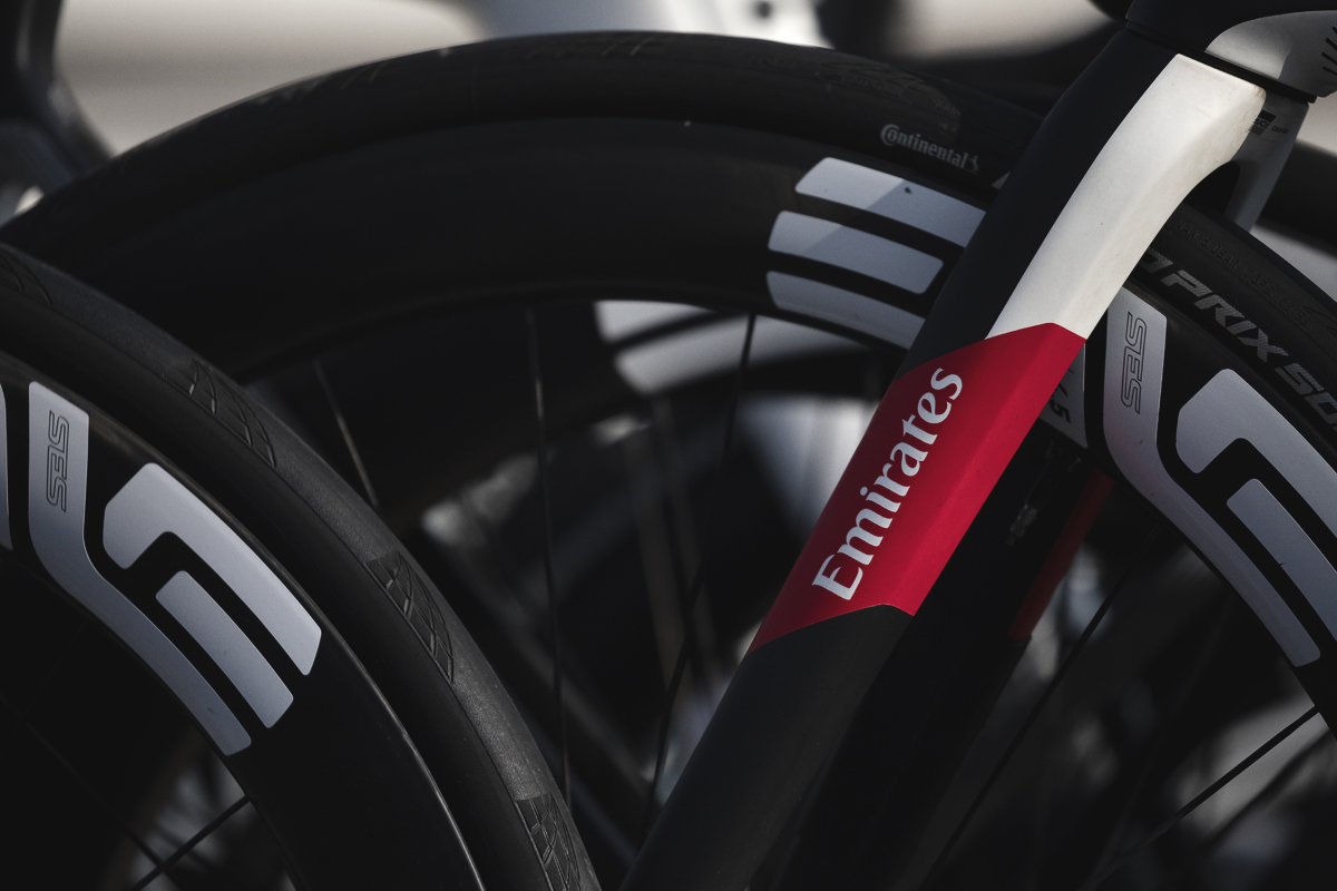 Kuurne Brussel Kuurne 2025 - A close up of a UAE Team Emirates Colnago Enve bike