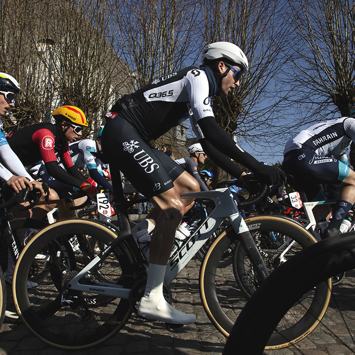 Kuurne Brussel Kuurne 2025 - A side view of Fabio Christen as he tackles the cobbles of the Volkemberg