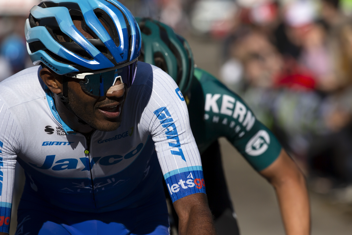 La Flèche Wallonne 2023 - Tsgabu Grmay of Team Jayco AlUla climbs the Mur de Huy