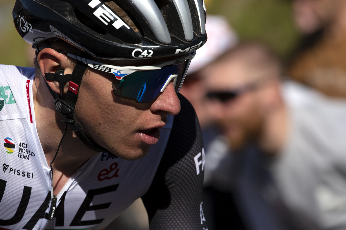 La Flèche Wallonne 2023 - Close up of Tadej Pogačar of UAE Team Emirates as he ascends the Mur de Huy