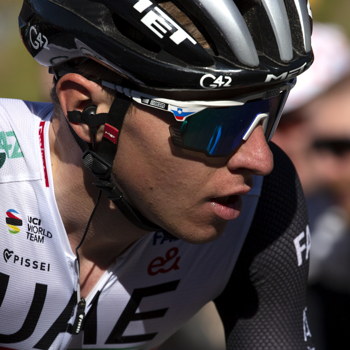 La Flèche Wallonne 2023 - Close up of Tadej Pogačar of UAE Team Emirates as he ascends the Mur de Huy