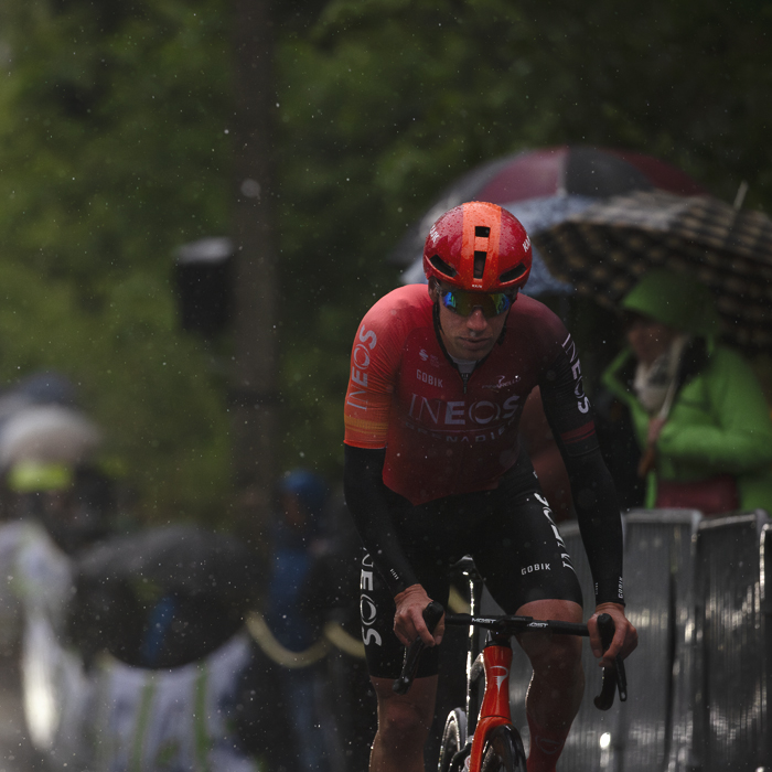 La Flèche Wallonne 2024 - Ethan Hayter of INEOS Grenadiers on the Mur de Huy in wet conditions