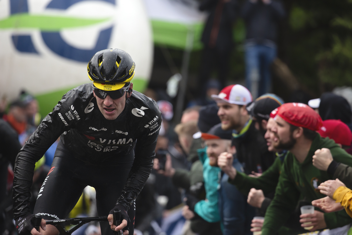 La Flèche Wallonne 2024 - The word Huy reflects in the glasses of Tim Van Dijke of Team Visma - Lease a Bike