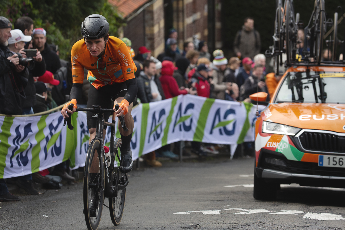 La Flèche Wallonne 2024 - Xabier Isasa of Euskaltel - Euskadi is followed by his team car