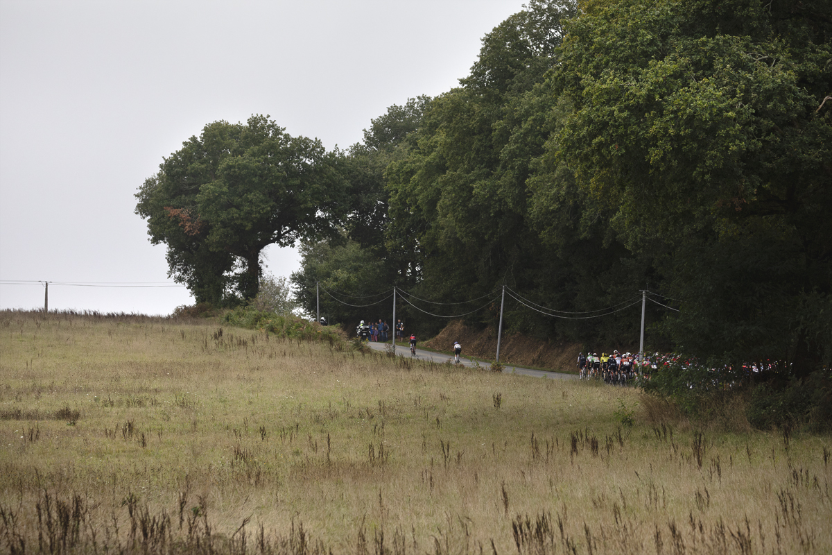 Classic Lorient Agglomération - Ceratizit 2025 - The peloton from a distance on a road flanked by open fields