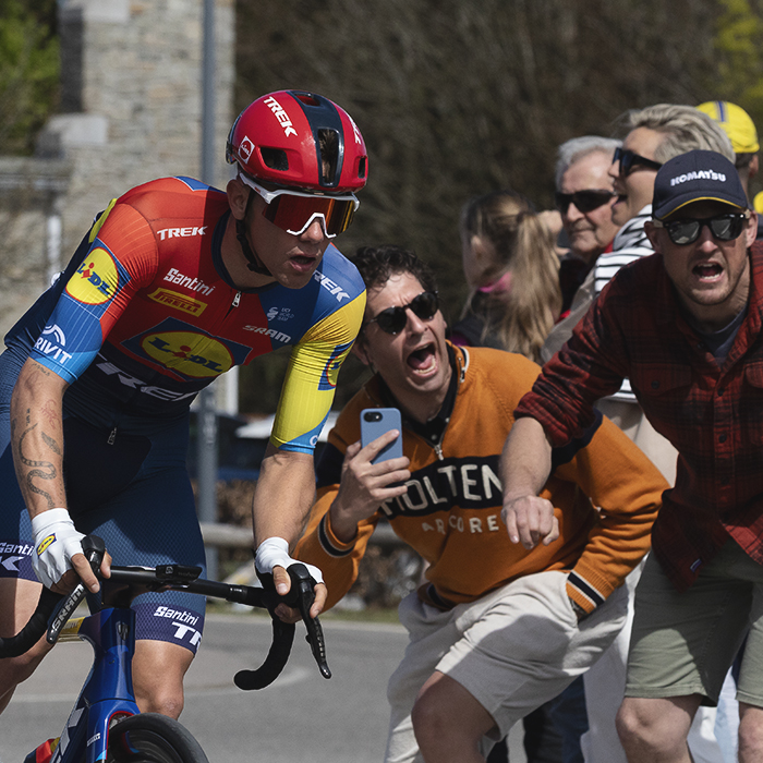 Liege Bastogne Liege 2025 - Thibau Nys is given enthusiastic support by fans at the roadside