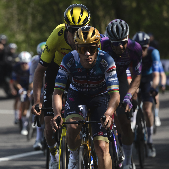 Liege Bastogne Liege 2025 - Remco Evenepoel leads a group of riders up the climb of Côte des Forges