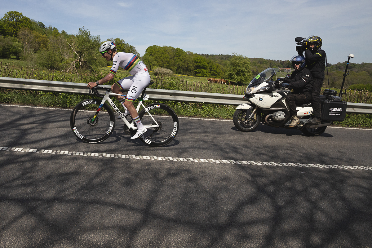 Liege Bastogne Liege 2025 - Tadej Pogačar tackles the climb of Côte des Forges ignored by a group of brown cows in a nearby field