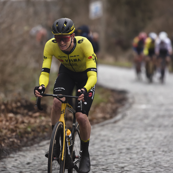 Omloop Het Nieuwsblad 2024 - Matteo Jorgenson of Team Visma - Lease a Bike makes a solo attack on Bosberg
