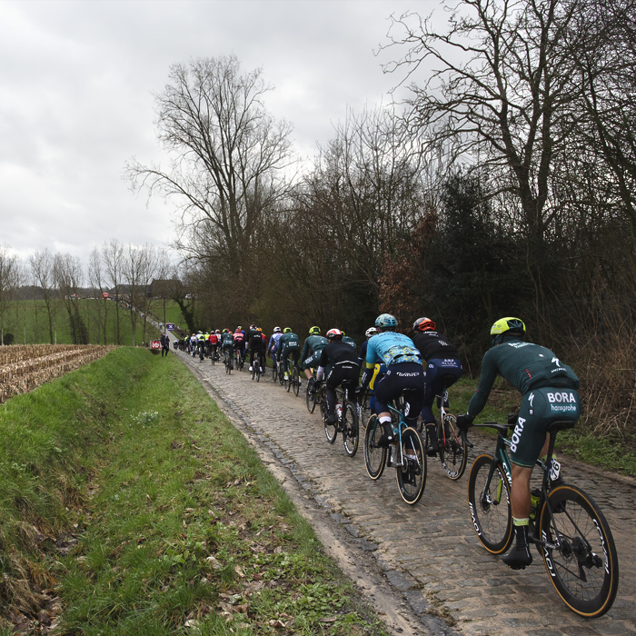 Omloop Het Nieuwsblad 2024 - Riders descend the cobbles of Haaghoek