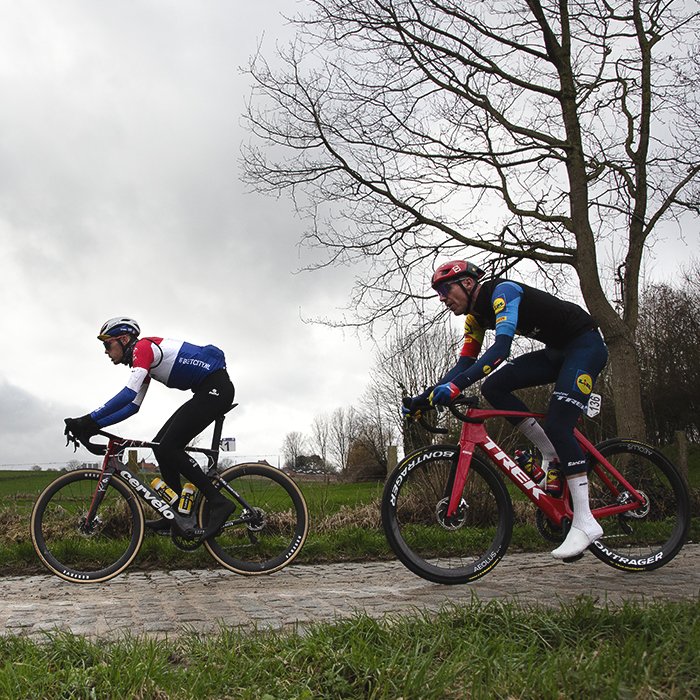 Omloop Het Nieuwsblad 2024 - Dylan van Baarle of Team Visma - Lease a Bike & Tim Declercq  of Lidl - Trek descend on Haaghoek
